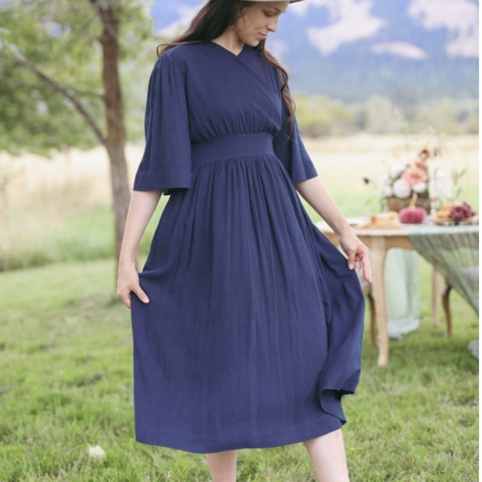 Dainty Jewells On A Whim Dress Navy Blue Linen Blend Modest Midi Xl Nwt
